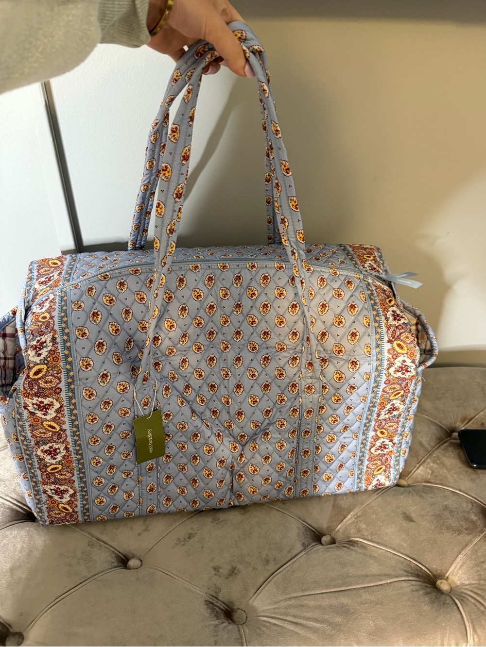 Vera Bradley Large Original Duffel Blue Leaf Premium Cotton Weekender - Picture 5 of 11